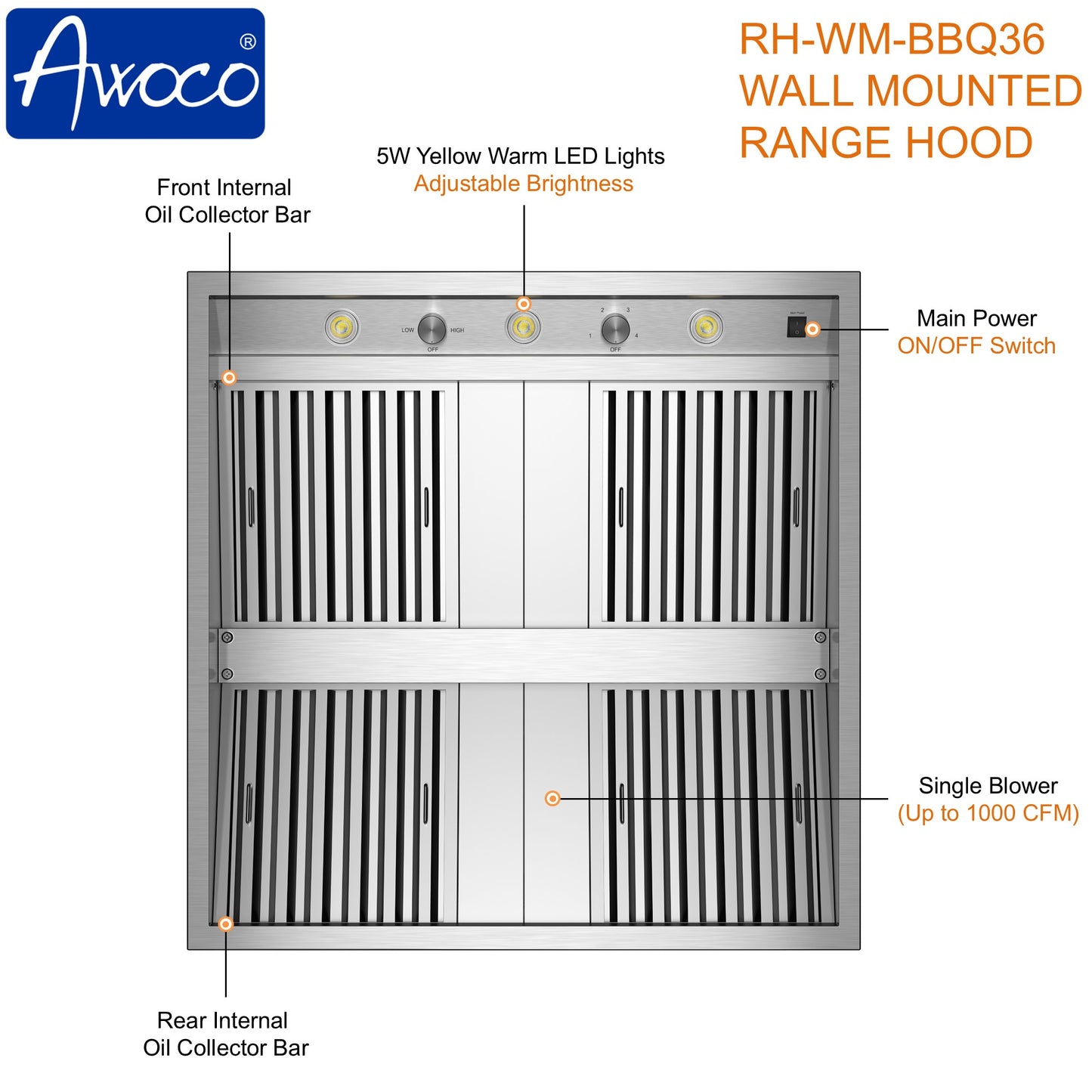 Awoco 36" Outdoor BBQ Vent Hood 18" High Type 304 Stainless Steel, 4 Speeds 1000 CFM, Adjustable LED Lights, 8” Round Top Vent + 12" Chimney Cover