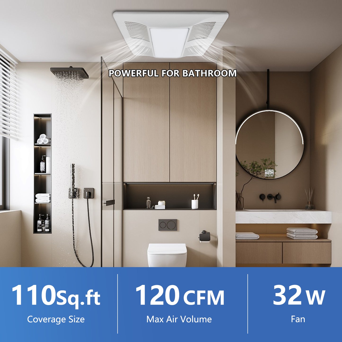 Awoco 浴室排气扇 120 LED，强劲风量，超静音，浴室吊扇，多种风管尺寸可选，ETL认证通风扇