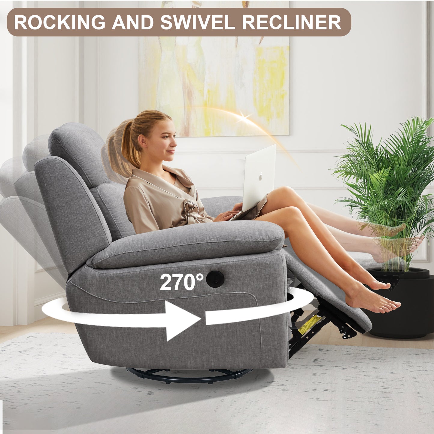 Dormily Recliner Chair for Adults, Ergonomic 270 Degree Swivel Power Recliner, Adjustable Modern Swivel Chair with Thick Seat Cushion and Backrest for Living Room, Bedroom, Nursery (Light Grey)