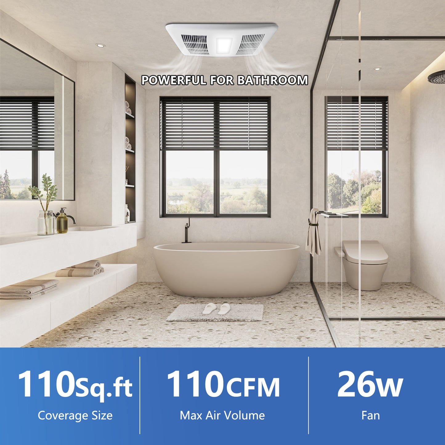 Awoco Bathroom Exhaust Fan 110 LED, Powerful CFM, Ultra-Quiet Sone, Bathroom Ceiling Fan with duct size variation, ETL Certified Ventilation Fan
