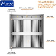 Awoco 36" Outdoor BBQ Vent Hood 18" High Type 304 Stainless Steel, 4 Speeds 1000 CFM, Adjustable LED Lights, 8” Round Top Vent