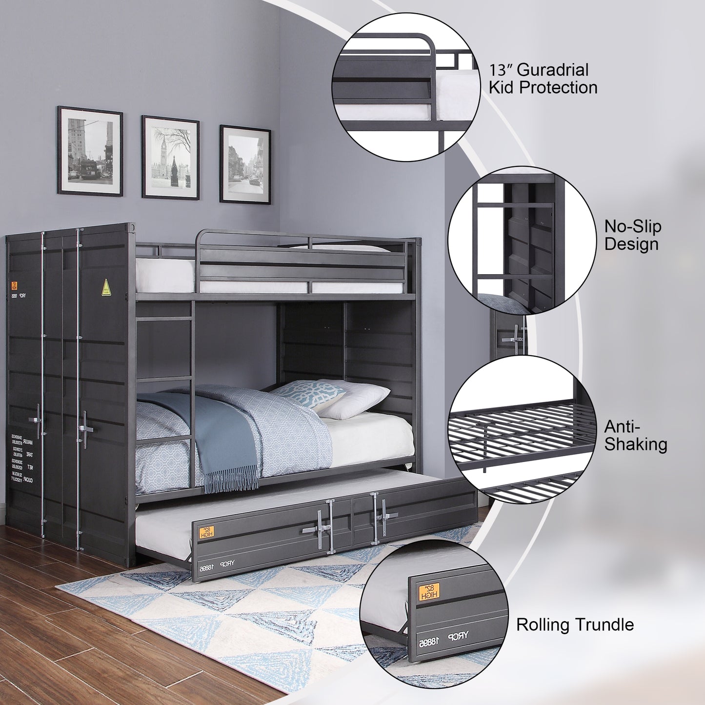 Dormily Full Over Full Metal Bunk Bed with Trundle Heavy Duty Metal Bunk Beds Frame with Ladder Convertible Bunk Bed with Safety Guard Rails, 3 in 1 Bunk Beds No Box Spring Needed