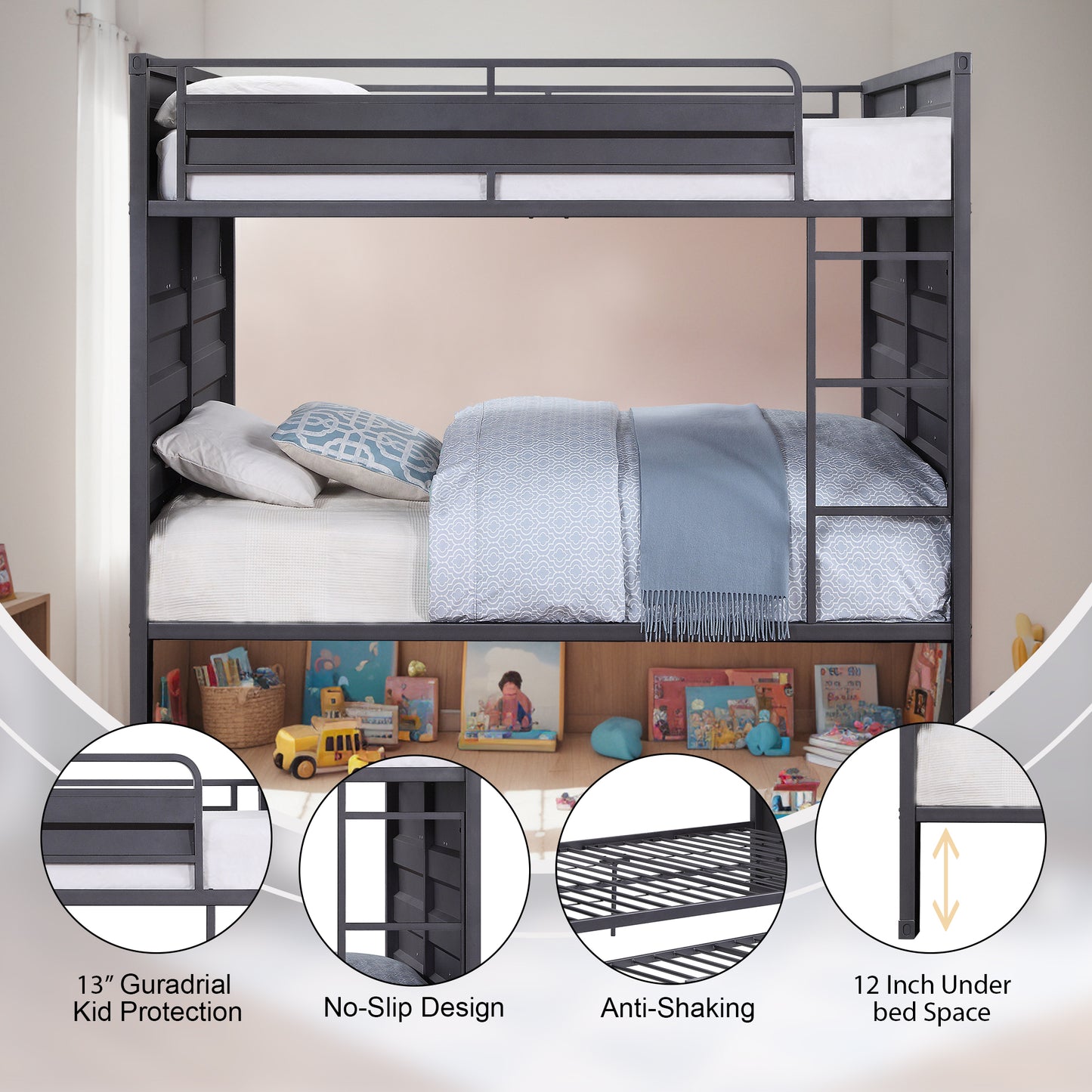 Dormily Full Over Full Metal Bunk Bed with Sturdy Guard Rail, Heavy Duty Full Size Metal Bunk Beds Frame with Ladder, Industrial Bunk Beds, No Box Spring Needed