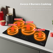 Awoco Ceramic Cooktop, Electric Stove with Multiple Burners with hard wire, 9 Power Levels Digital Timer Child Lock, Residual Heat Indicator, Automatic Shut-Off Easy Clean Touch Panel, 220-240V