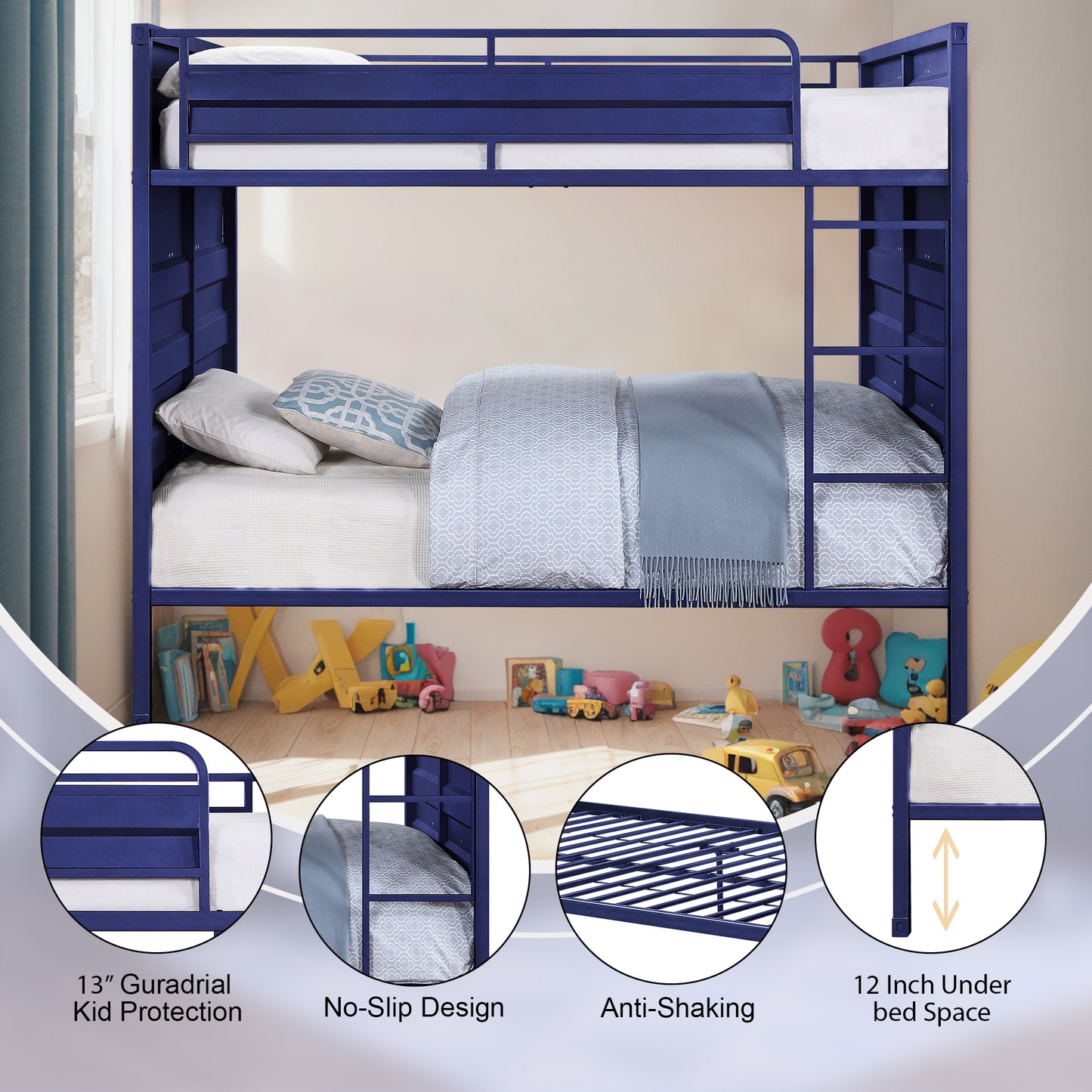 Dormily Full Over Full Metal Bunk Bed with Sturdy Guard Rail, Heavy Duty Full Size Metal Bunk Beds Frame with Ladder, Industrial Bunk Beds, No Box Spring Needed