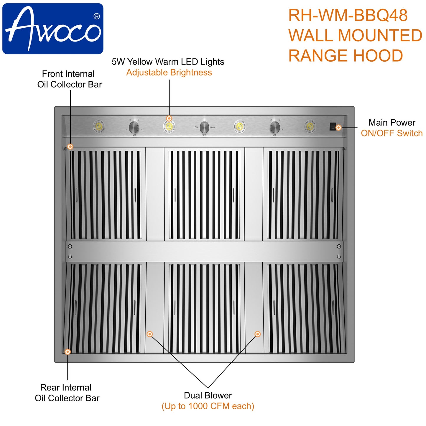 Awoco 48" Outdoor BBQ Vent Hood 18" High Type 304 Stainless Steel, 4 Speeds 2000 CFM, Dual Blowers, Adjustable LED Lights, 8” Round Top Vent