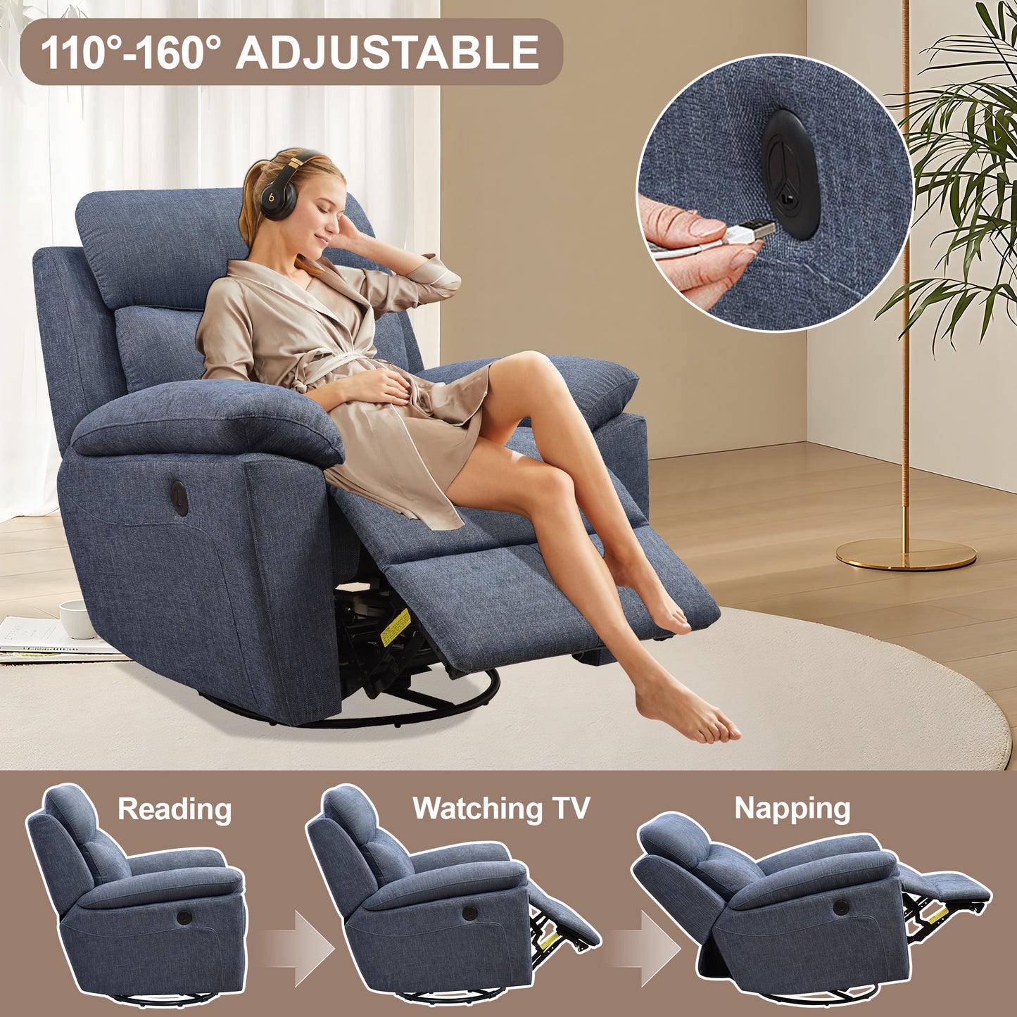 Dormily Recliner Chair for Adults, Ergonomic 270 Degree Swivel Power Recliner, Adjustable Modern Swivel Chair with Thick Seat Cushion and Backrest for Living Room, Bedroom, Nursery (Navy Blue)