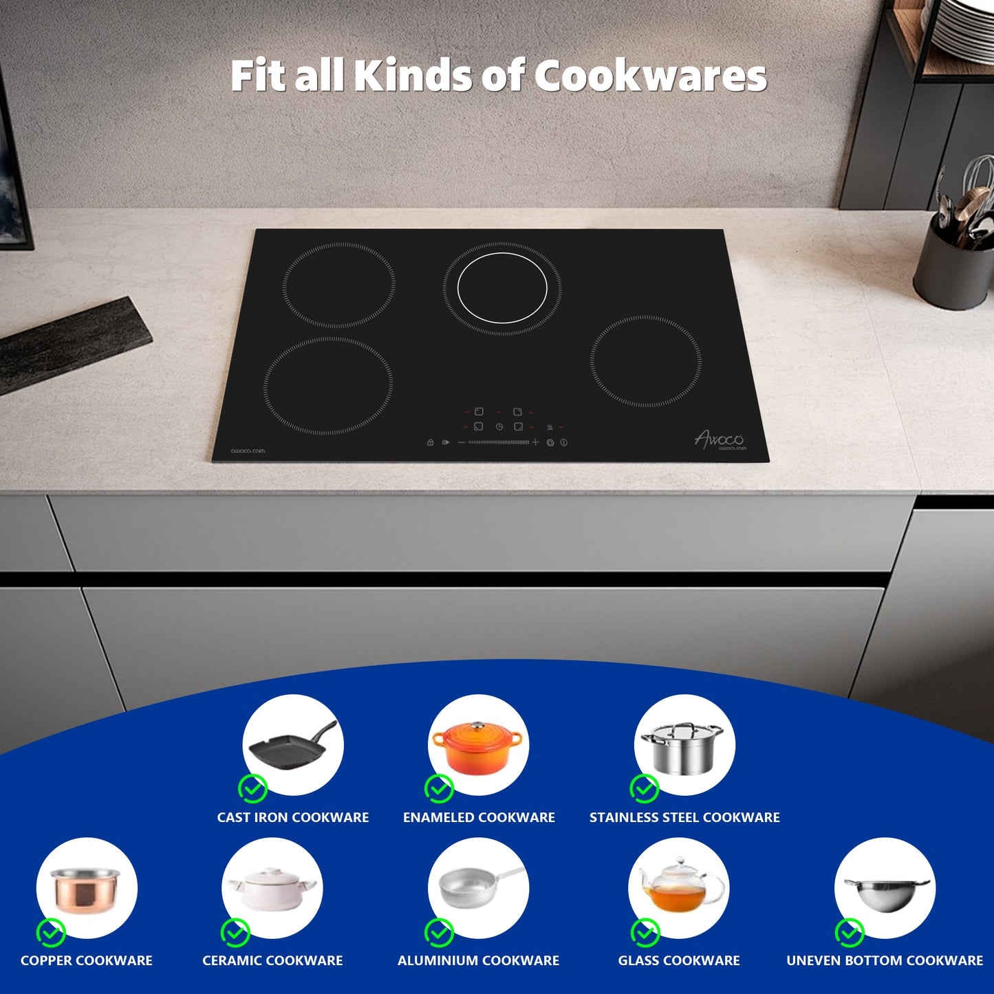 Awoco Ceramic Cooktop, Electric Stove with Multiple Burners with hard wire, 9 Power Levels Digital Timer Child Lock, Residual Heat Indicator, Automatic Shut-Off Easy Clean Touch Panel, 220-240V