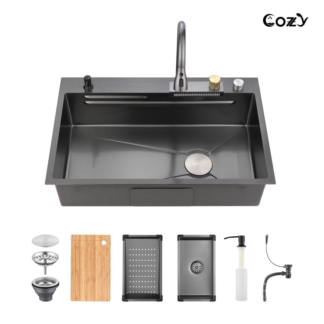 COZY 33" x 22" Black Stainless Steel Waterfall Workstation Sink Overmount Single Bowl with Flying Rain Faucet, SS-BL05-332208