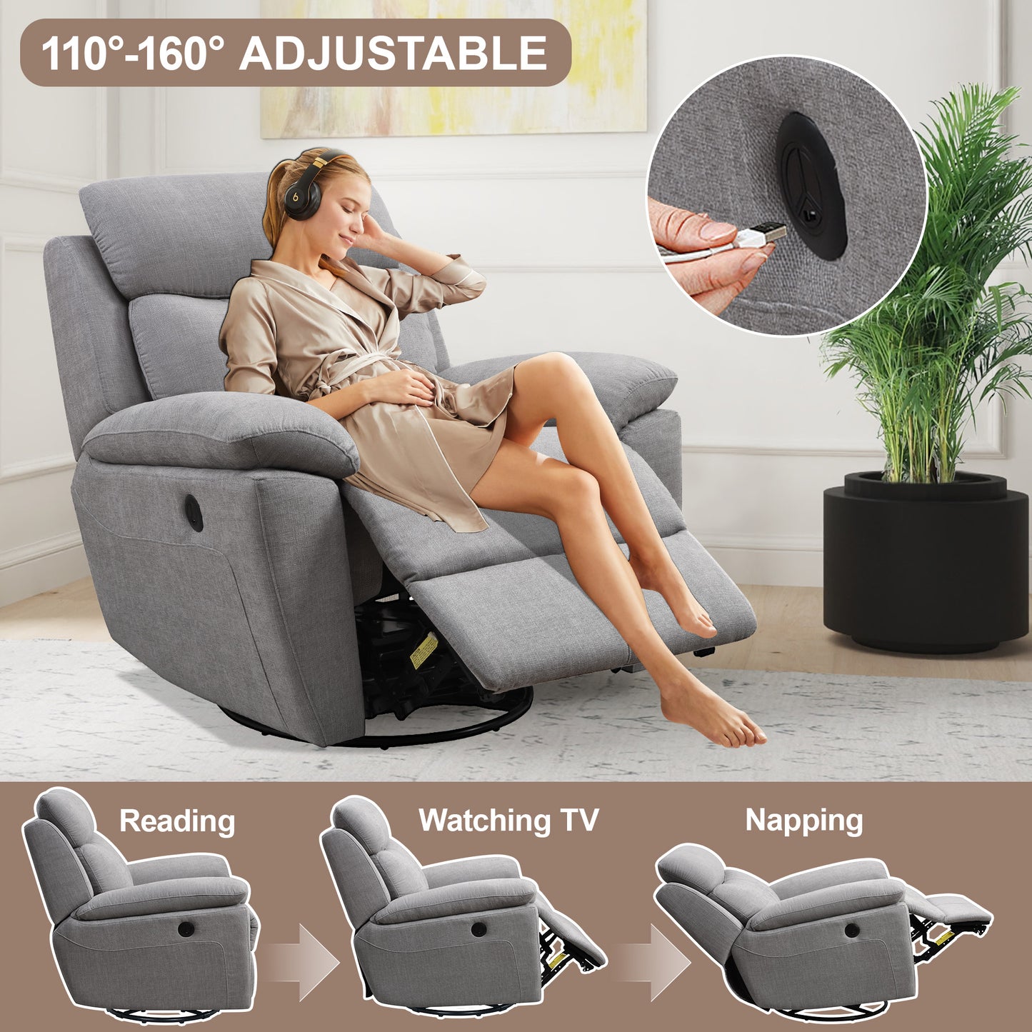 Dormily Recliner Chair for Adults, Ergonomic 270 Degree Swivel Power R