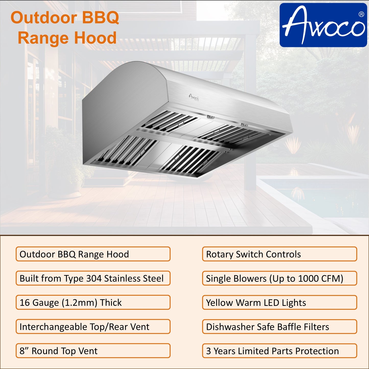 Awoco 36" Outdoor BBQ Vent Hood 18" High Type 304 Stainless Steel, 4 Speeds 1000 CFM, Adjustable LED Lights, 8” Round Top Vent