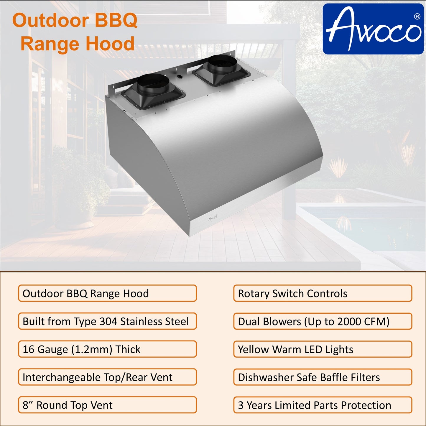 Awoco 42" Outdoor BBQ Vent Hood 18" High Type 304 Stainless Steel, 4 Speeds 2000 CFM, Dual Blowers, Adjustable LED Lights, 8” Round Top Vent