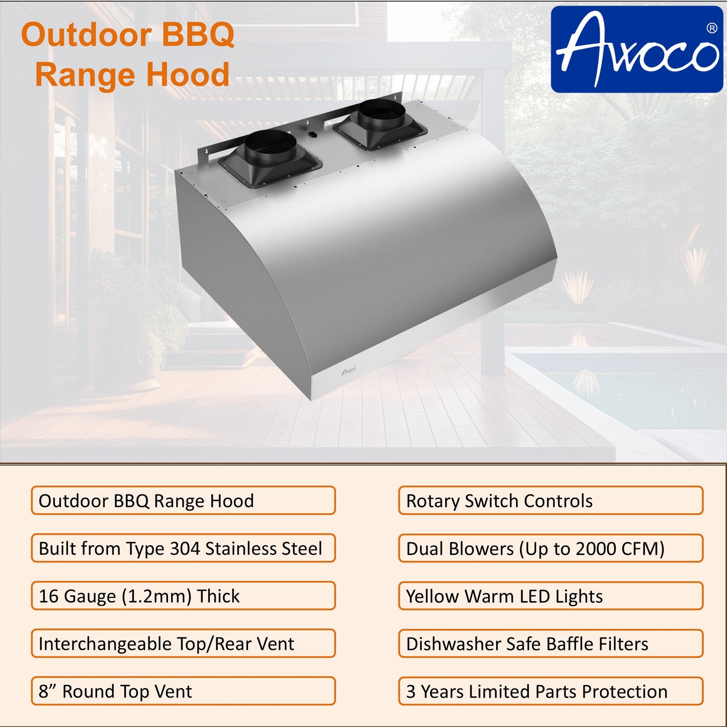 Awoco 48" Outdoor BBQ Vent Hood 18" High Type 304 Stainless Steel, 4 Speeds 2000 CFM, Dual Blowers, Adjustable LED Lights, 8” Round Top Vent