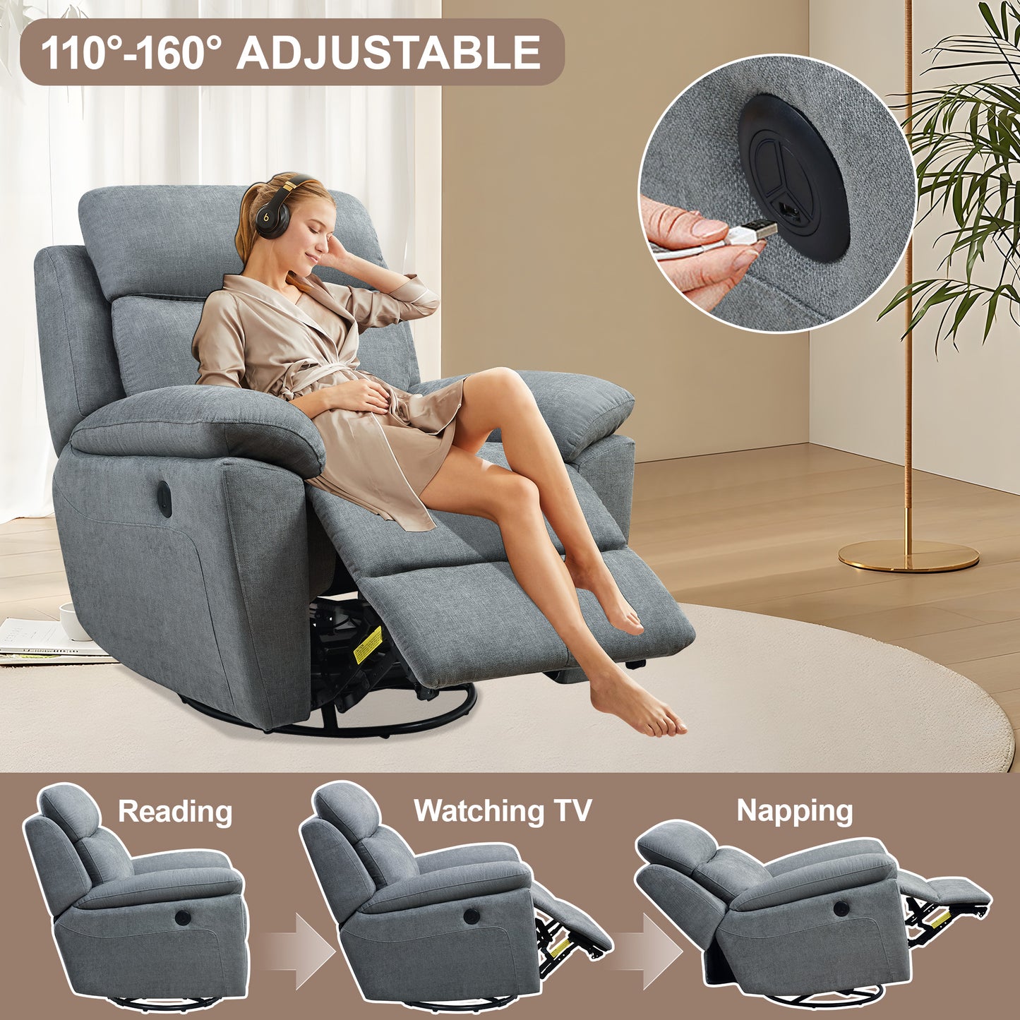 Dormily Recliner Chair for Adults, Ergonomic 270 Degree Swivel Power Recliner, Adjustable Modern Swivel Chair with Thick Seat Cushion and Backrest for Living Room, Bedroom, Nursery (Grey Green)