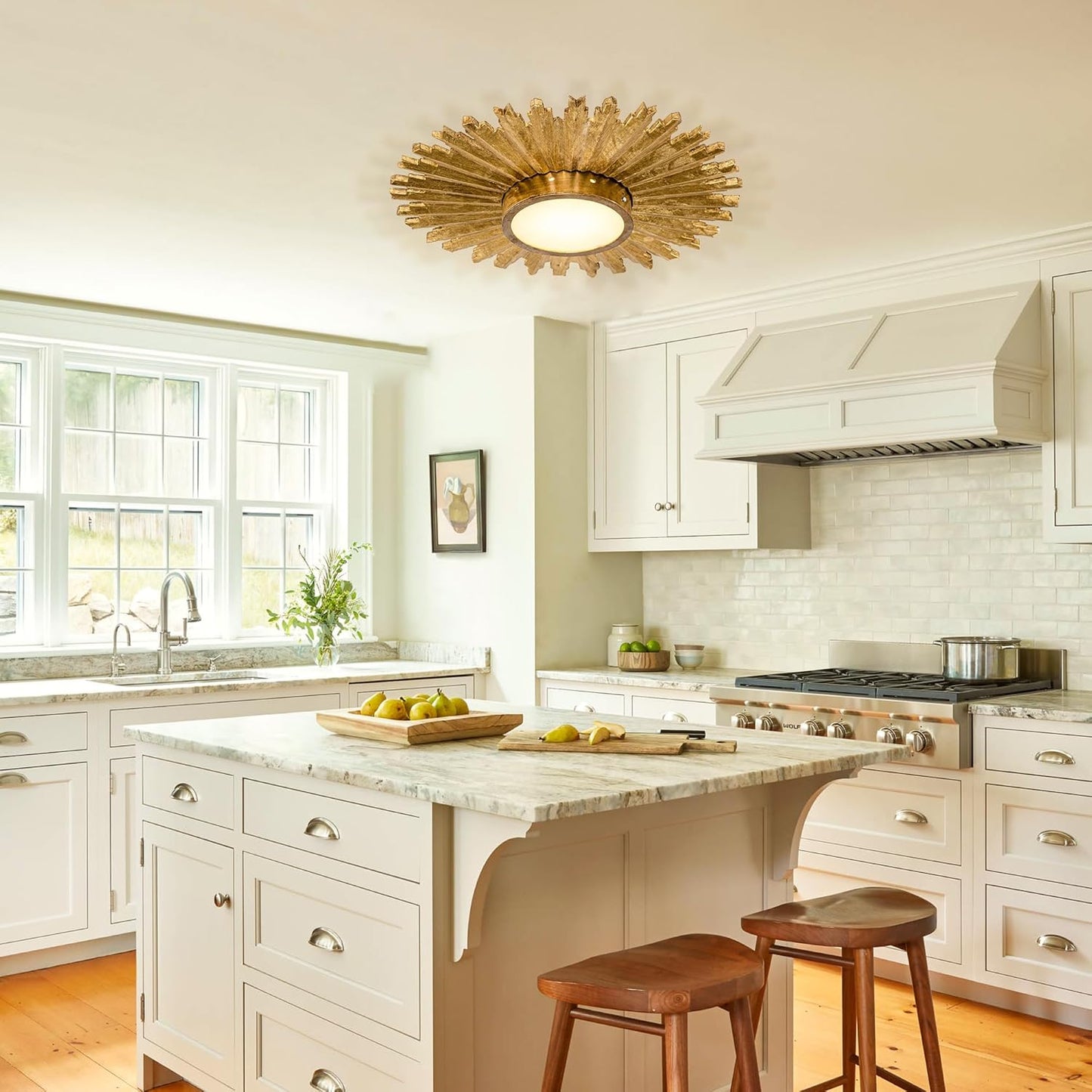 Golden Sunburst 2-Light Flush Mount Ceiling Light - Mid-Century Fixture