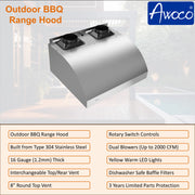 Awoco 42" Outdoor BBQ Vent Hood 18" High Type 304 Stainless Steel, 4 Speeds 2000 CFM, Dual Blowers, Adjustable LED Lights, 8” Round Top Vent + 24"H Chimney Cover.