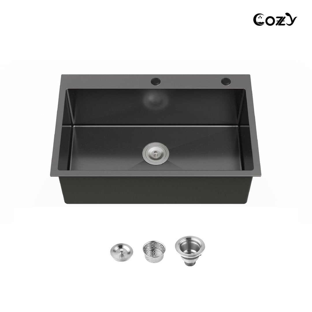 COZY 30″x19″ Black Stainless Steel Single Bowl Kitchen Sink, 1-Piece Overmount Brushed with US Drain & Hook, CZY-SS-BL02D-301908