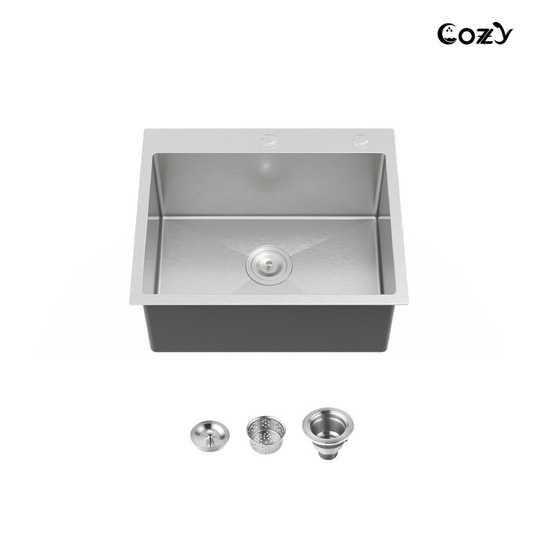 COZY 23″x19″ Stainless Steel, Single Bowl Brushed Nickel Kitchen Sink with Drain, CZY-SS-BR02D-231908