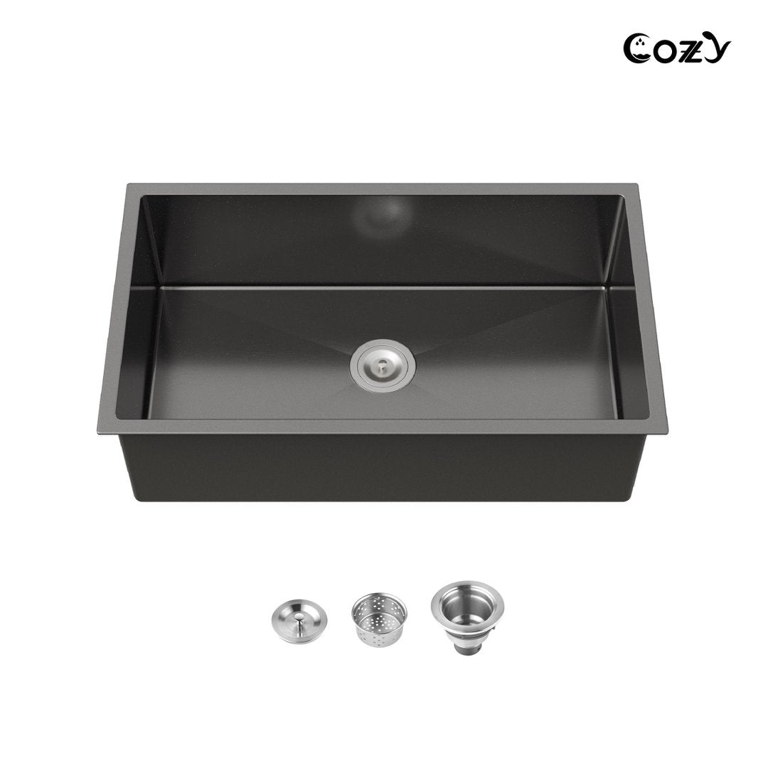COZY 33″x19″ Black Stainless Steel Single Bowl Undermount Kitchen Sink with US Standard Drain and Hook, CZY-SS-BL04D-331912