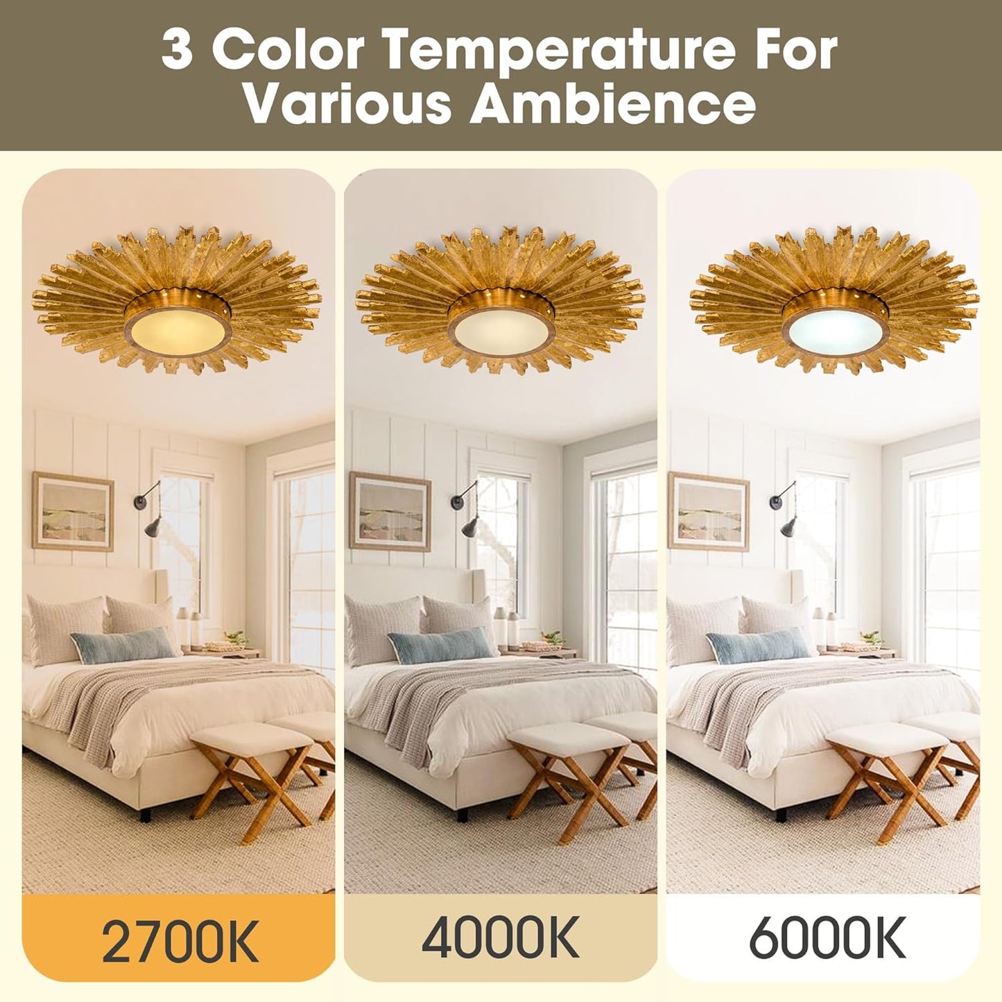 Golden Sunburst 2-Light Flush Mount Ceiling Light - Mid-Century Fixture