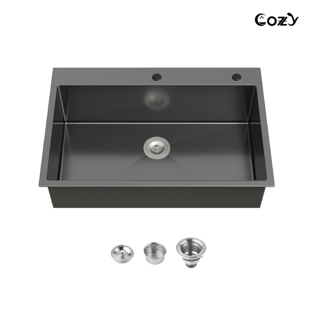 COZY 30英寸x19英寸黑色不锈钢厨房水槽，单碗，带美国标准下水器和挂钩，台上式手工水槽，CZY-SS-BL02D-332212-2