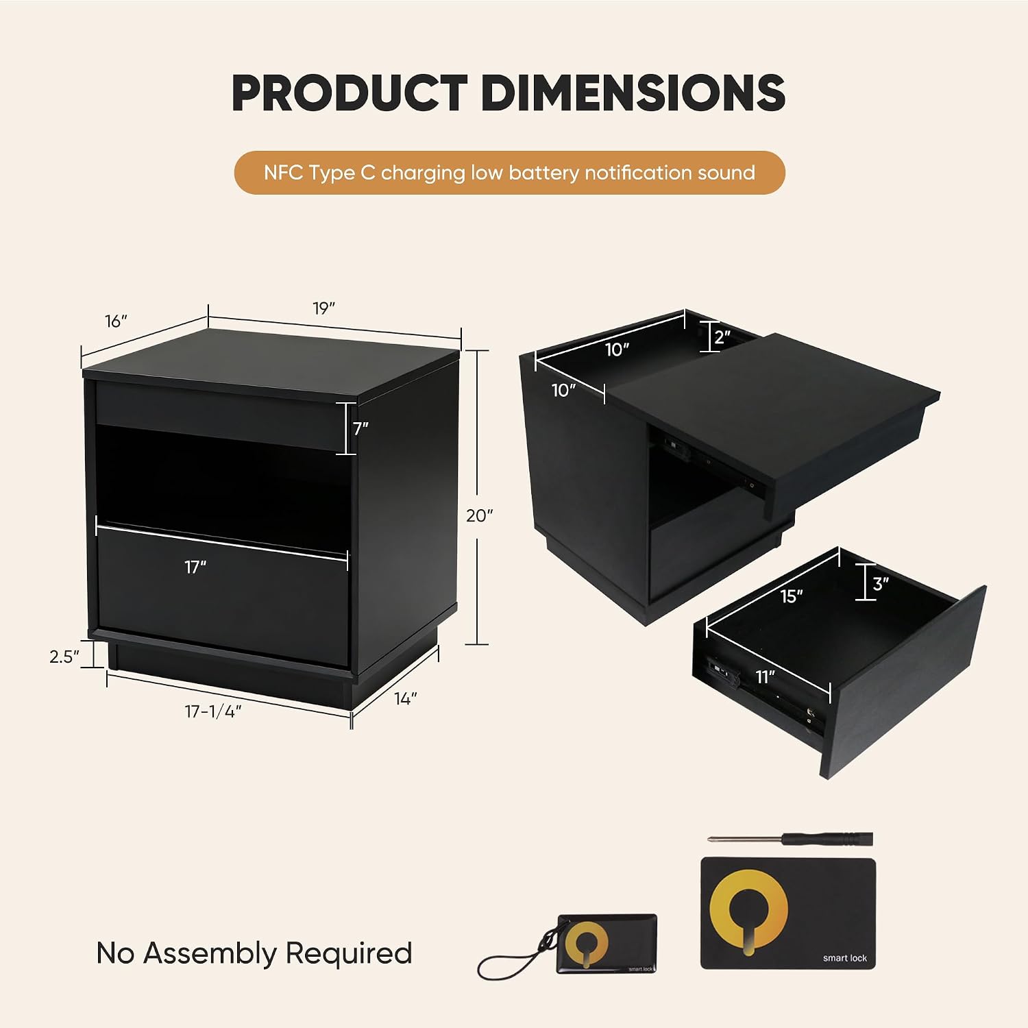 Dormily Hidden Storage Drawer Nightstand Bedside Table, Matte Black