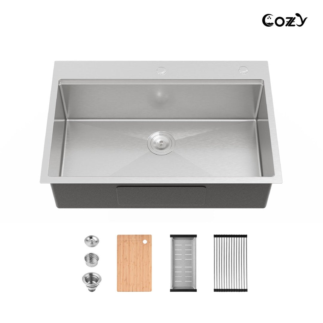 COZY 33″x22″ Stainless Steel Kitchen Sink Single Bowl, Overmount Handmade Sink in Brushed, with Cutting Board, Colander, CZY-SS-BR01D-332208