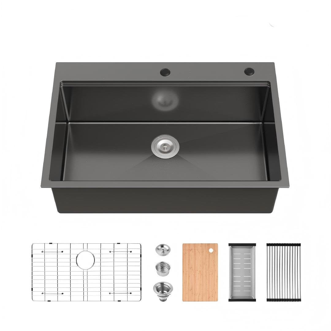 COZY 33" x 22" 黑色不锈钢厨房水槽单槽台上式手工水槽带沥水器和挂钩，CZY-SS-BL01D-332208-2-WG