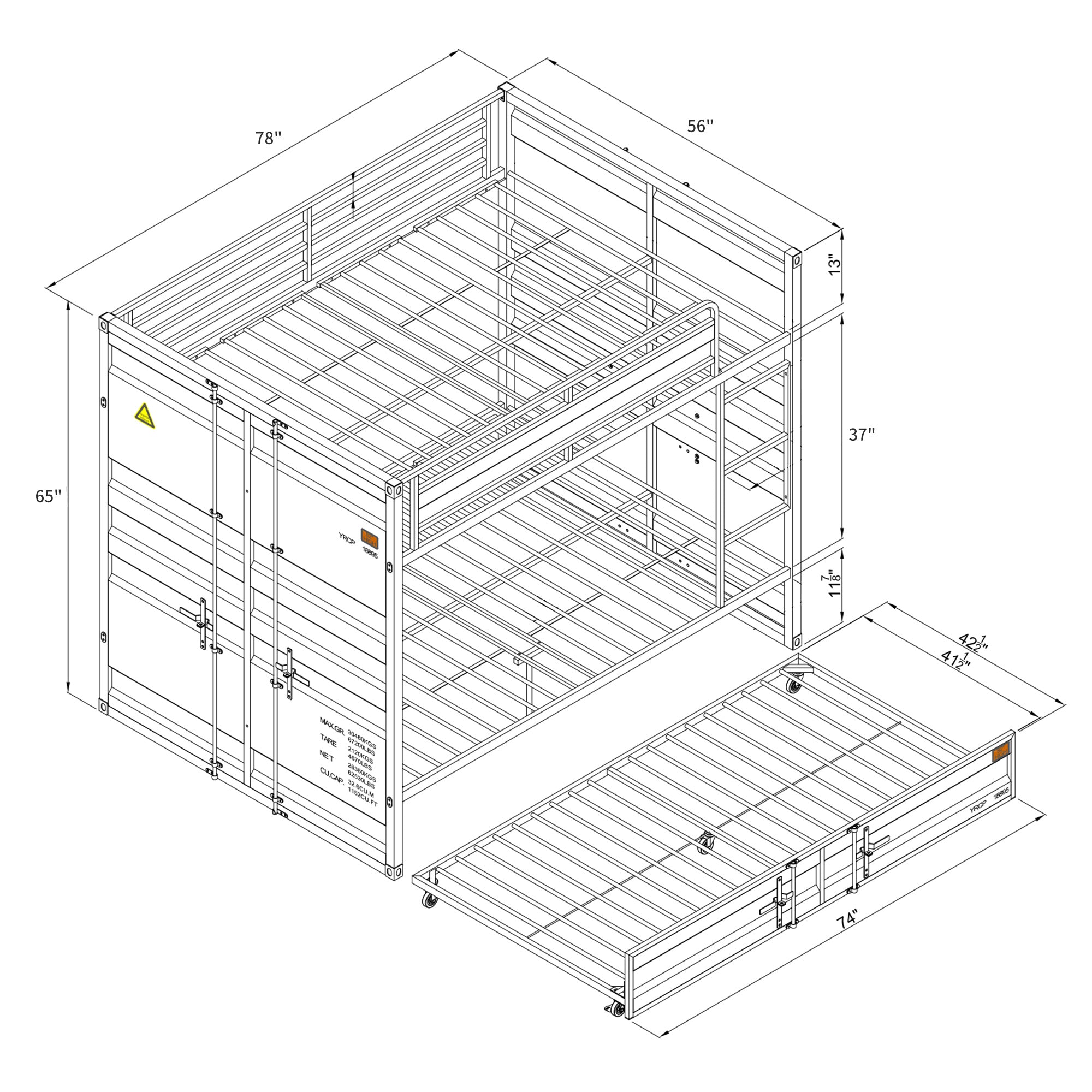 Dormily Full Over Full Metal Bunk Bed with Trundle Heavy Duty Metal Bunk Beds Frame with Ladder Convertible Bunk Bed with Safety Guard Rails, 3 in 1 Bunk Beds No Box Spring Needed