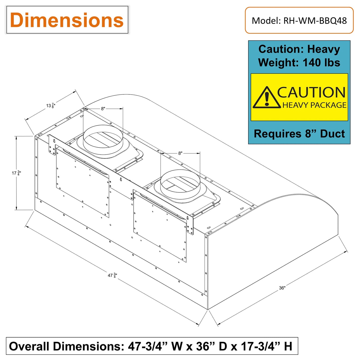 Awoco 48" Outdoor BBQ Vent Hood 18" High Type 304 Stainless Steel, 4 Speeds 2000 CFM, Dual Blowers, Adjustable LED Lights, 8” Round Top Vent + 12"H Chimney Cover.