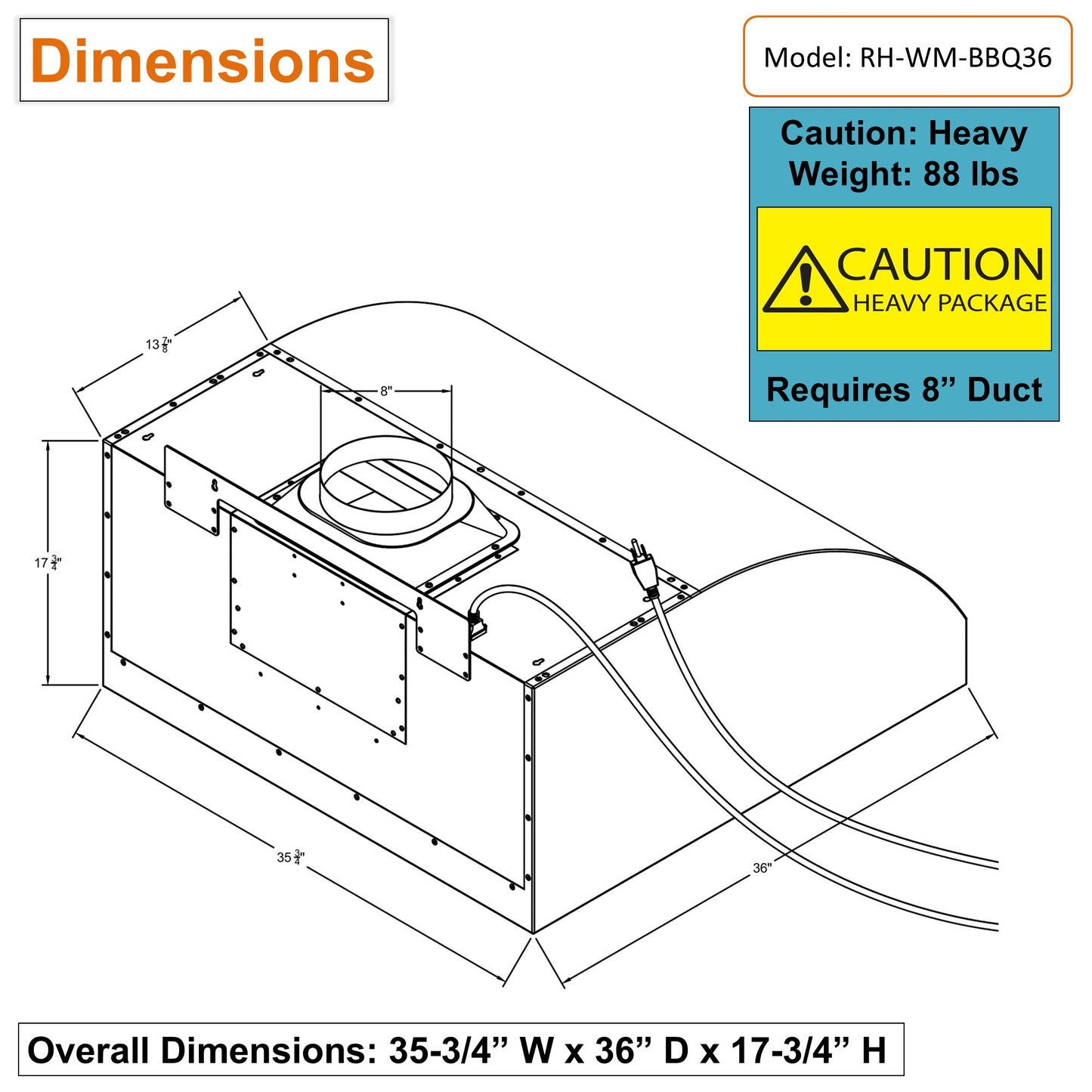 Awoco 36" Outdoor BBQ Vent Hood 18" High Type 304 Stainless Steel, 4 Speeds 1000 CFM, Adjustable LED Lights, 8” Round Top Vent
