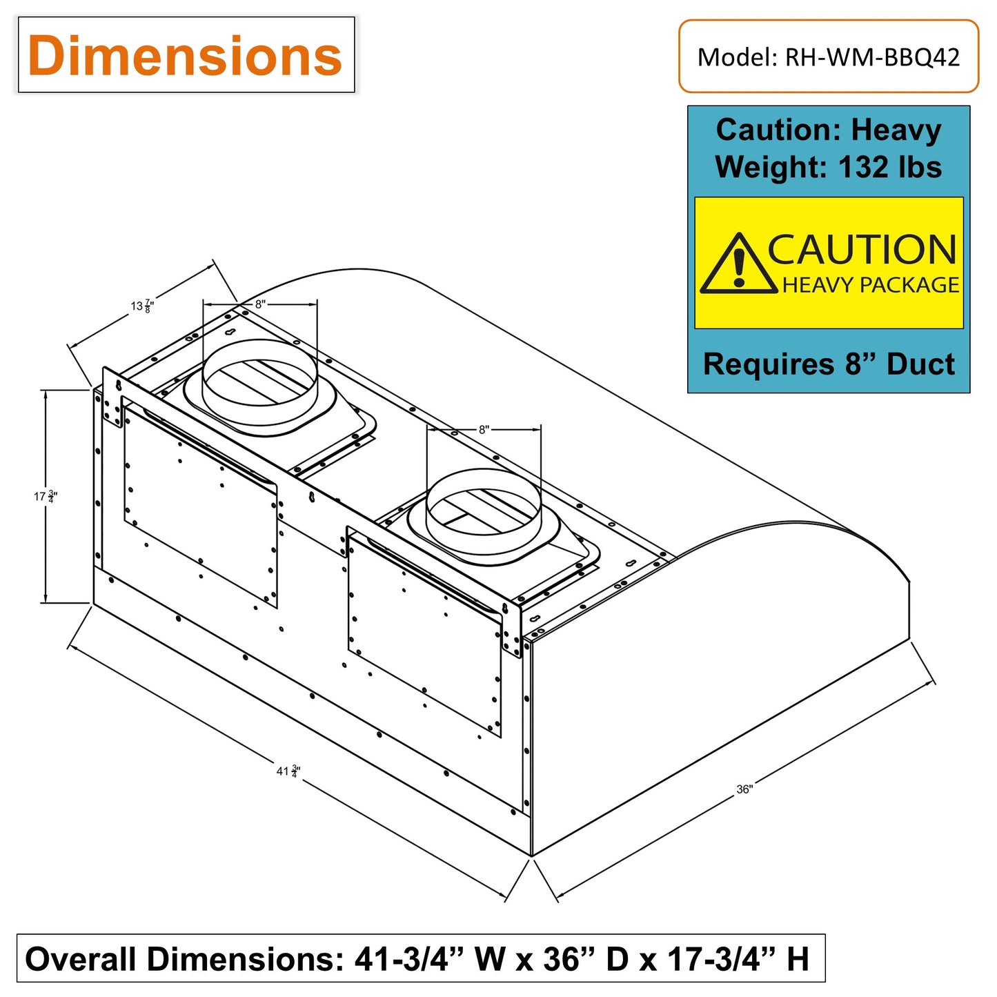 Awoco 42" Outdoor BBQ Vent Hood 18" High Type 304 Stainless Steel, 4 Speeds 2000 CFM, Dual Blowers, Adjustable LED Lights, 8” Round Top Vent + 24"H Chimney Cover.