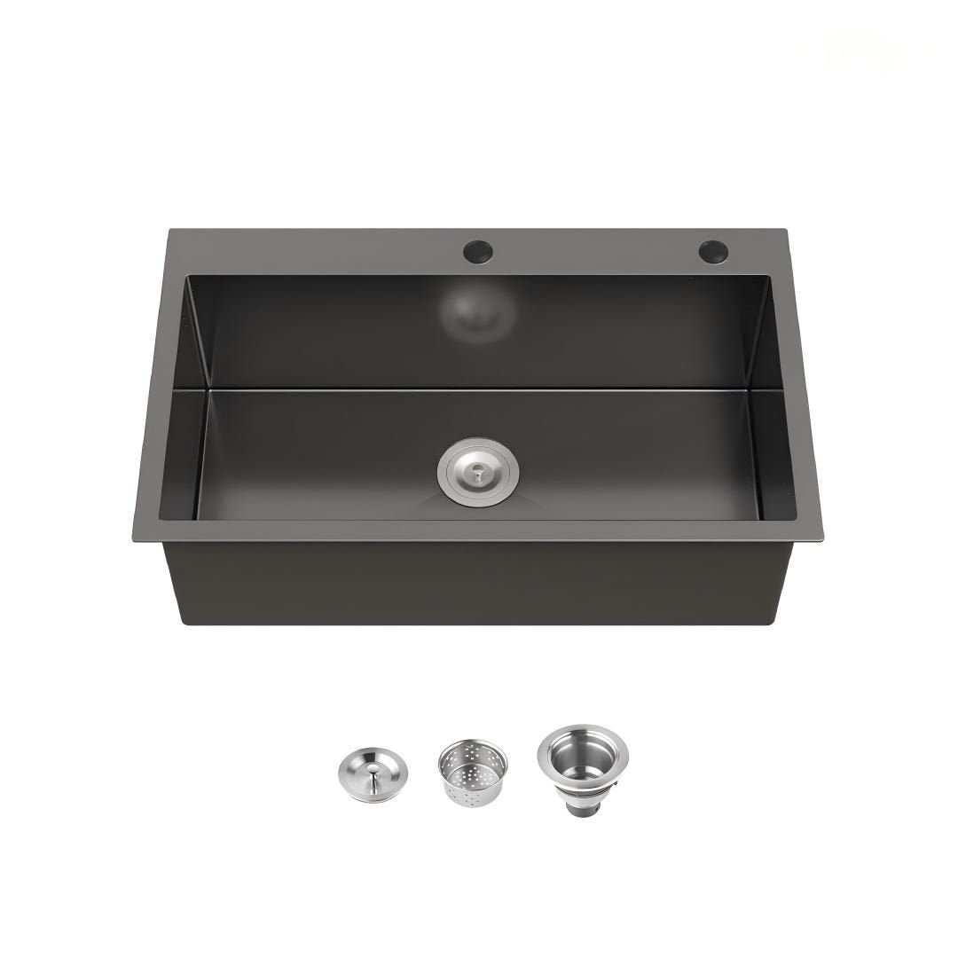 COZY 23" x 19" 黑色不锈钢厨房水槽单碗台上盆带沥水器和挂钩，CZY-SS-BL02D-321908-2