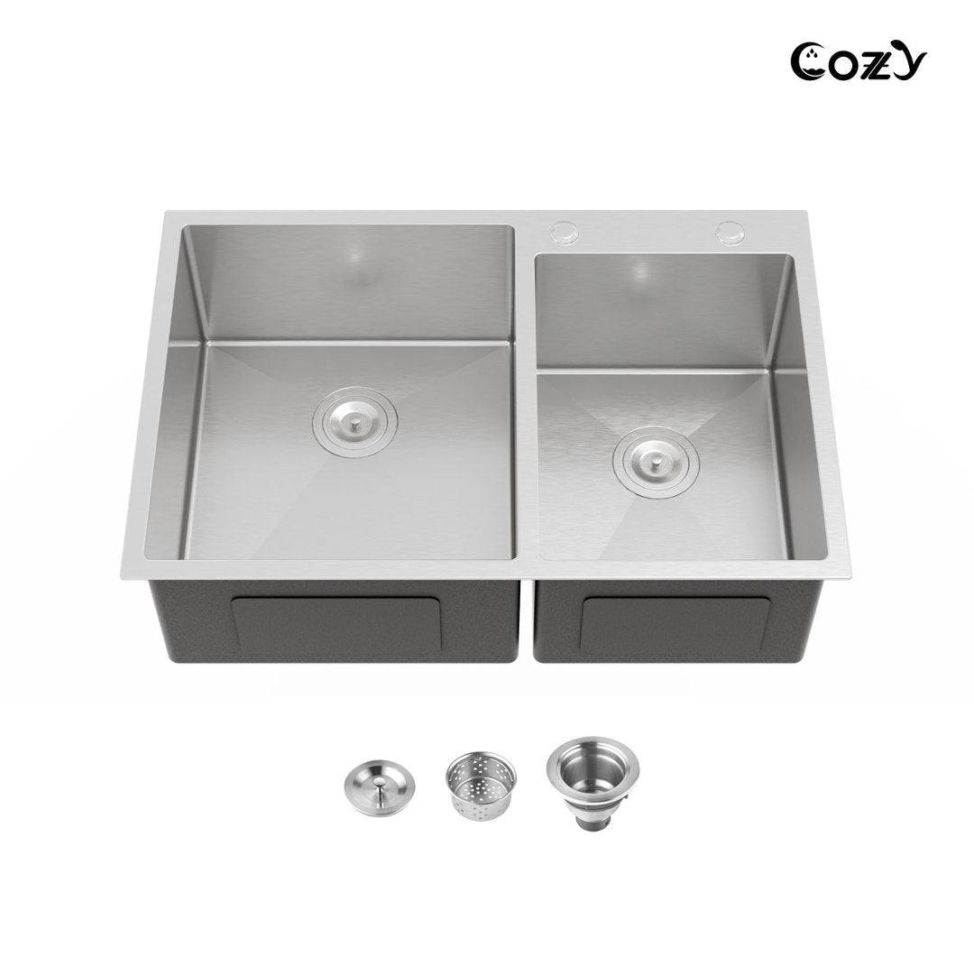 COZY 33" x 22" 不锈钢双盆台上厨房水槽拉丝镍带落水器和挂钩，CZY-SS-BR03D-332208
