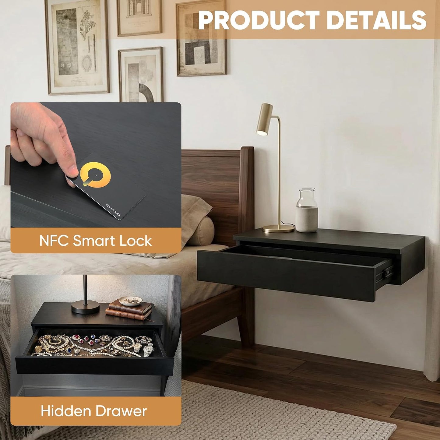 Hidden Storage RFID Lock Concealment Floating Shelf Wooden Secret Drawer Night Stand