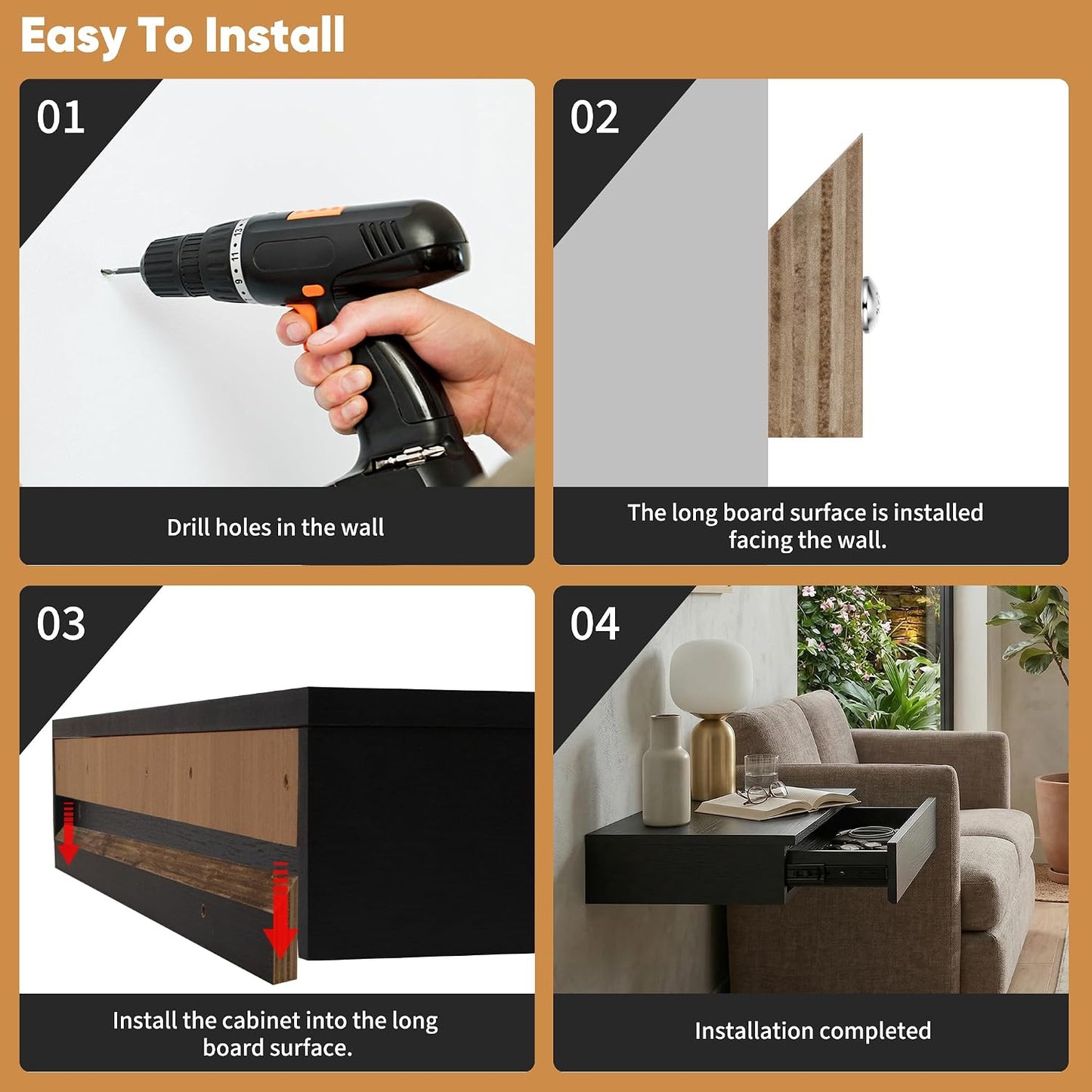 Hidden Storage RFID Lock Concealment Floating Shelf Wooden Secret Drawer Night Stand