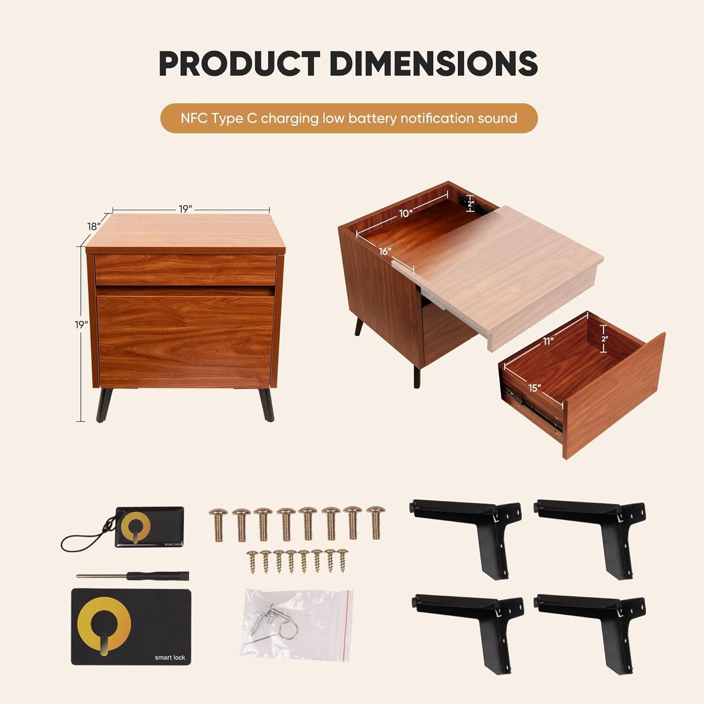 Dormily Hidden Storage Drawer Nightstand Bedside Table, Walnut