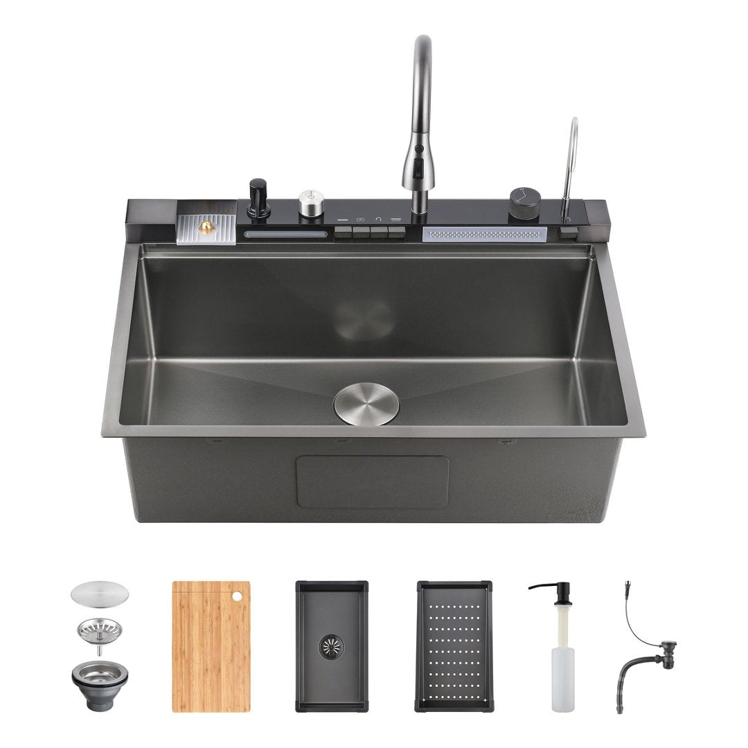 COZY 33" x 22" Black Stainless Steel, Digital Whale Waterfall Workstation Sink Overmount with Cup Washer and Piano Controls, CZY-SS-BL-10