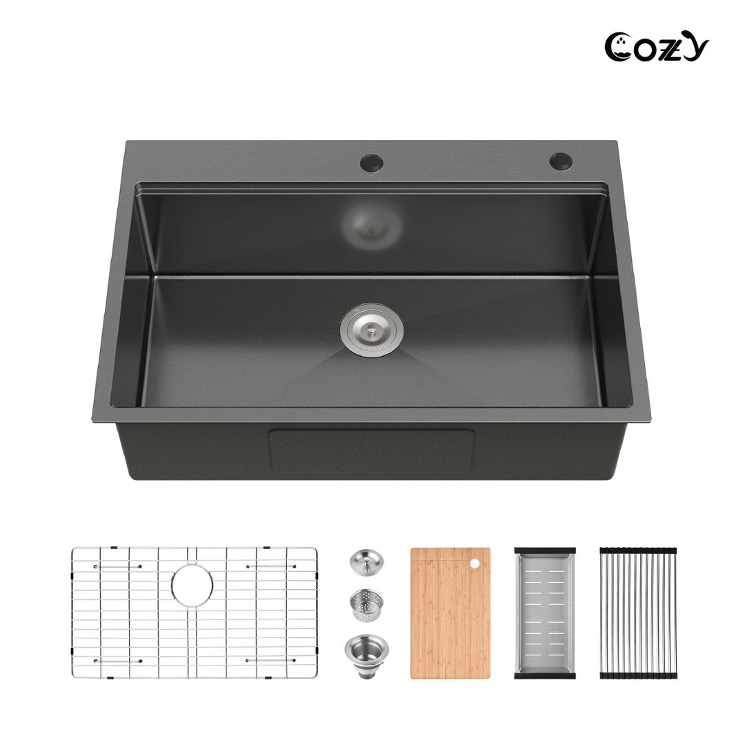 COZY 33" x 22" Black Stainless Steel Workstation Sink Overmount Single Bowl with Cutting Board Colander and Grid, CZY-SS-BL-01