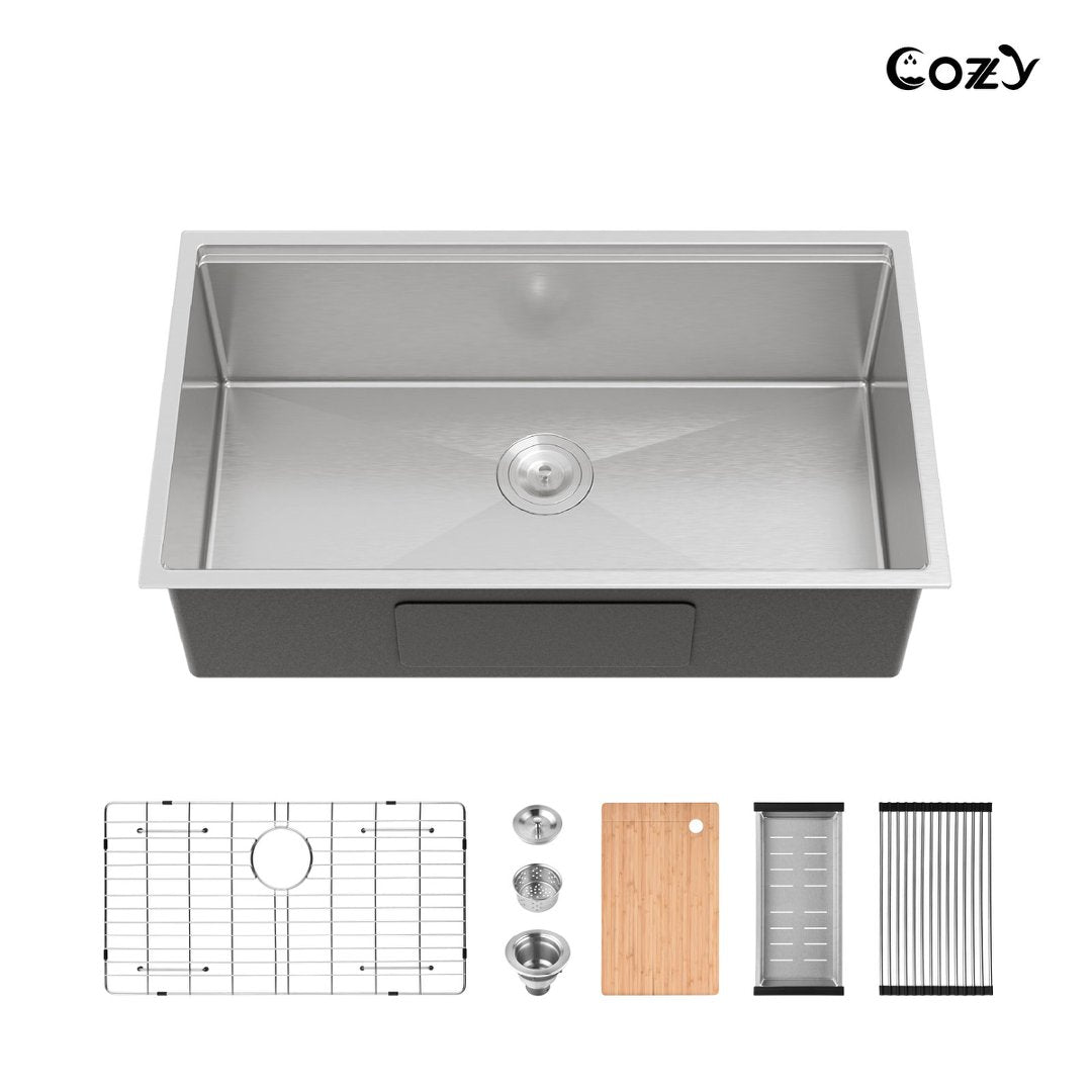 COZY 33" x 19" Stainless Steel Workstation Sink Undermount Single Bowl Brushed Finish with Cutting Board Colander and Grid, CZY-SS-BR07D-331908-WG
