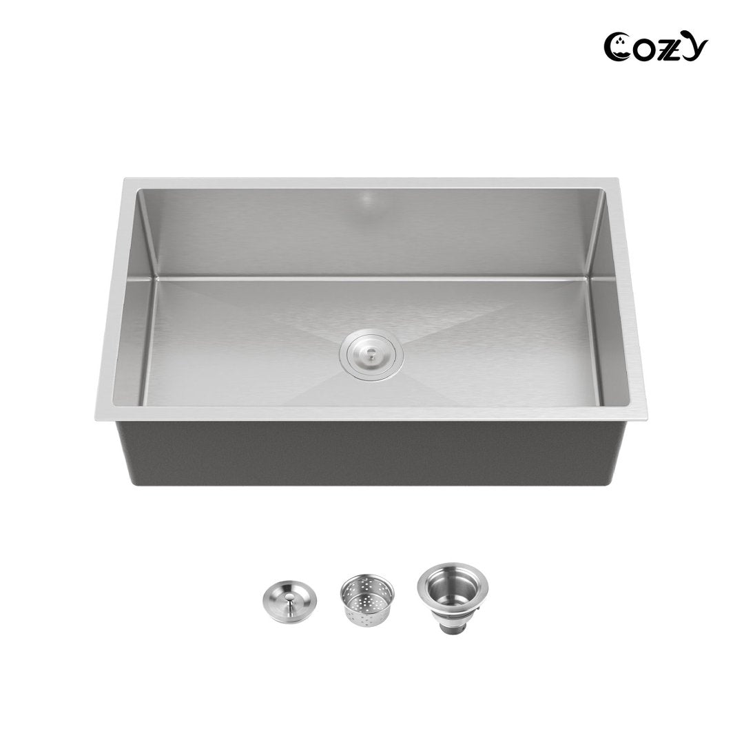 COZY 33" x 19" 不锈钢厨房水槽单槽台下式手工水槽带美标下水器和挂钩，CZY-SS-BR04D-331912