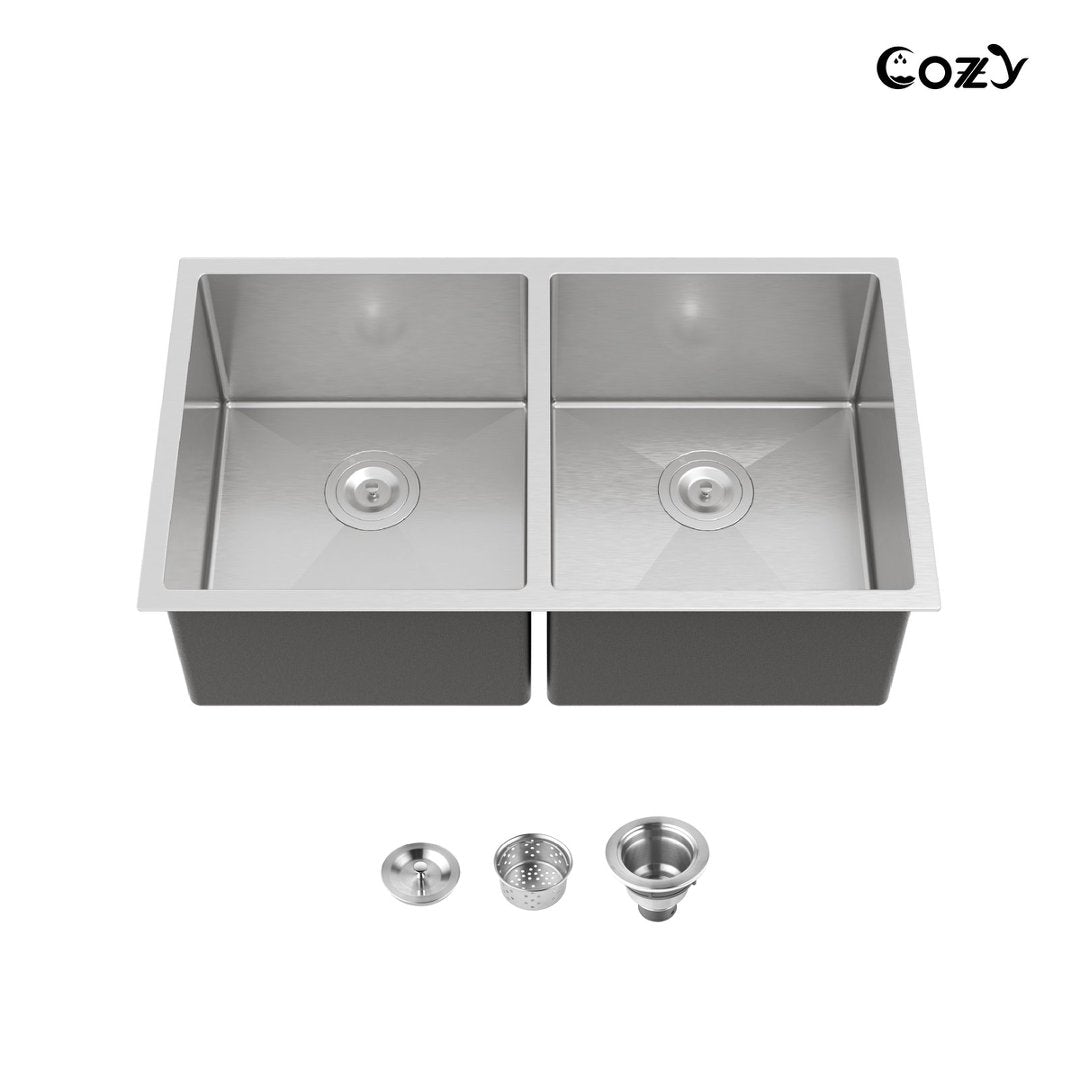 COZY 33" x 19" 不锈钢双盆厨房台下水槽，拉丝镍色，带提篮式过滤器，CZY-SS-BR08D-331908