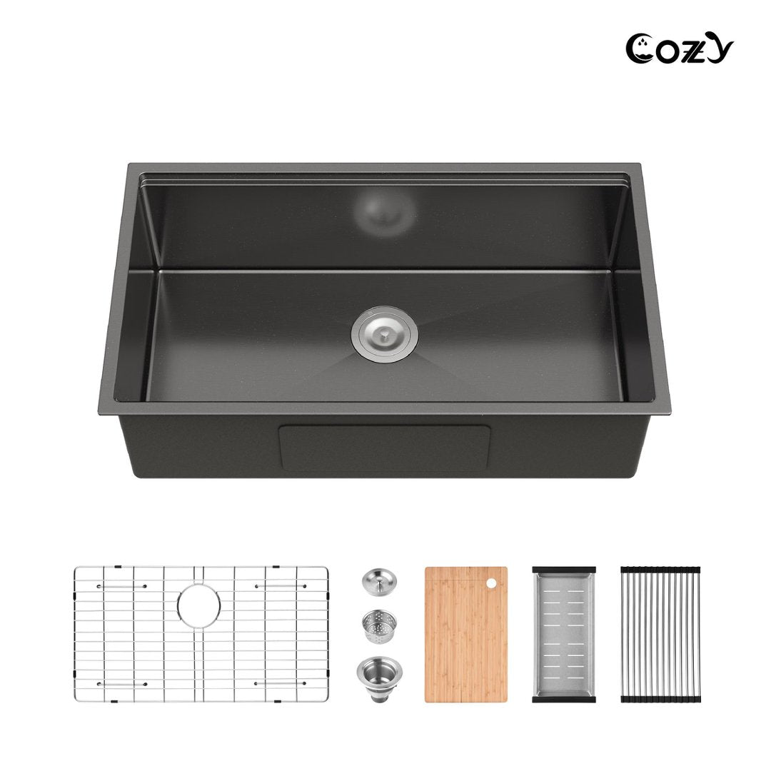 COZY 33" x 19" Black Stainless Steel Workstation Sink Undermount Single Bowl with Cutting Board Colander and Grid, CZY-SS-BL07D-331908-2-WG