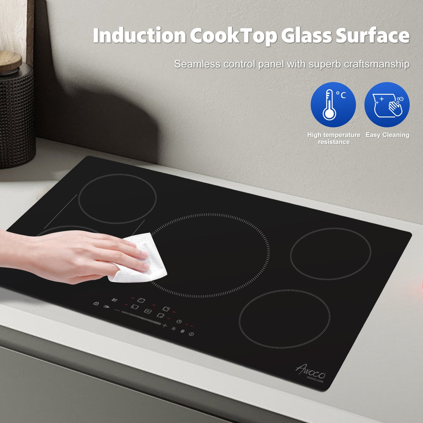 Awoco Induction Cooktop, built in Induction Stove Top, Electric Cooktop with Multiple Boost Burners with 9 power level, Residual Heat Indicator, Child Safety Lock, 220-240V with hard wire