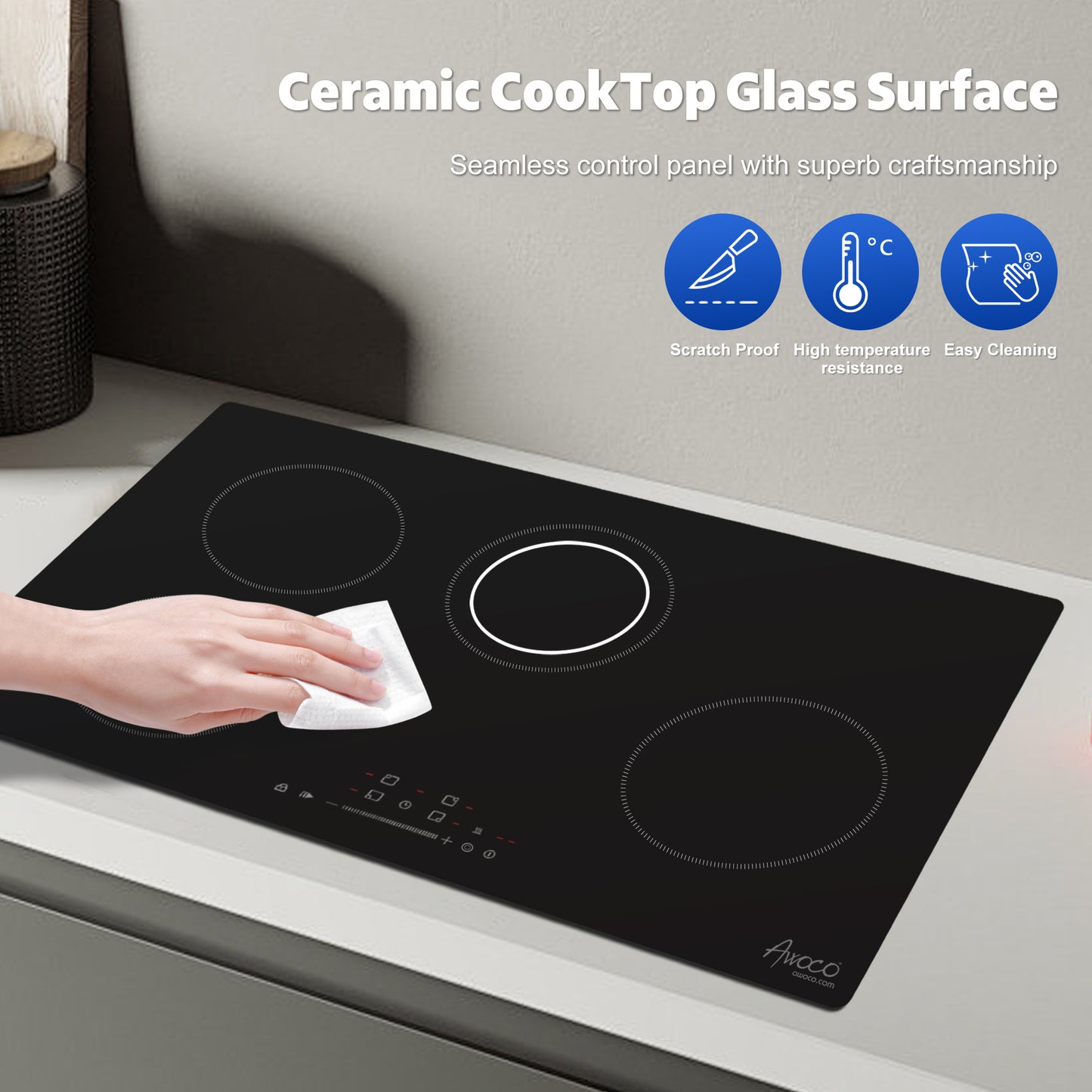 Awoco Ceramic Cooktop, Electric Stove with Multiple Burners with hard wire, 9 Power Levels Digital Timer Child Lock, Residual Heat Indicator, Automatic Shut-Off Easy Clean Touch Panel, 220-240V