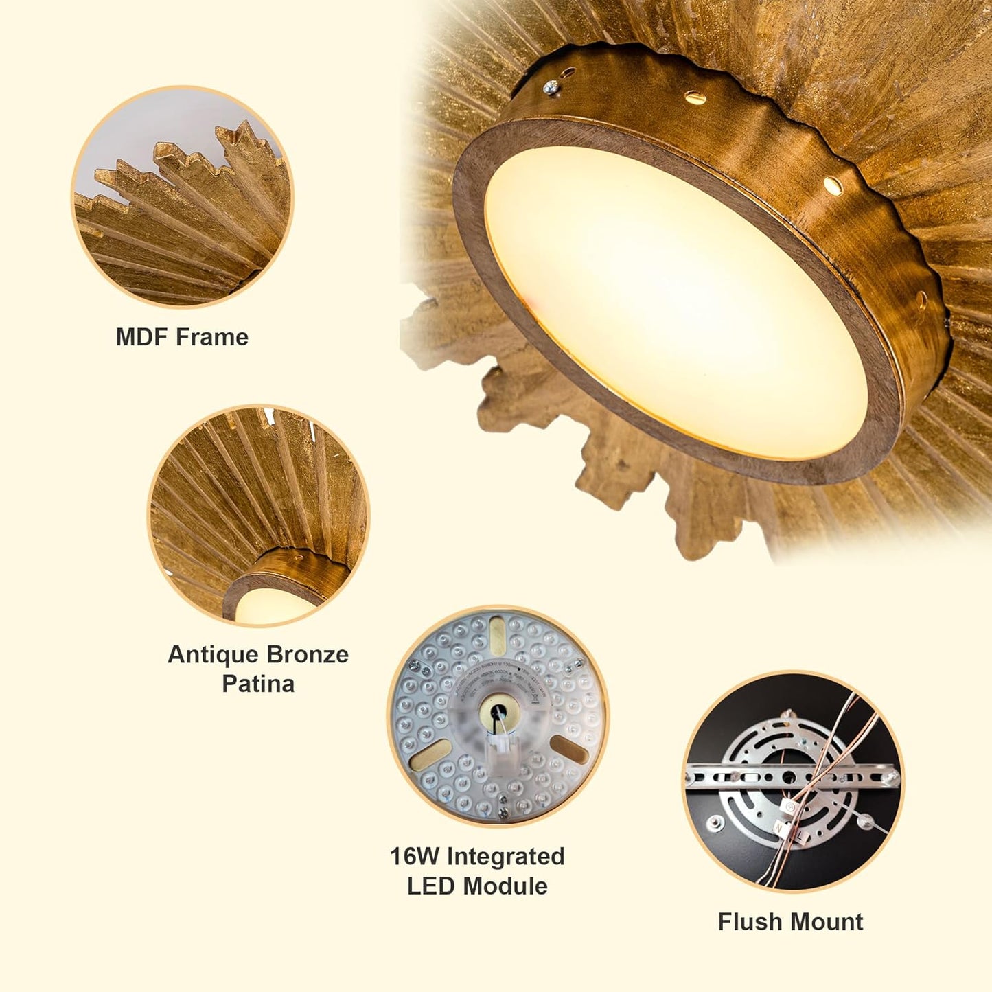 Golden Sunburst 2-Light Flush Mount Ceiling Light - Mid-Century Fixture