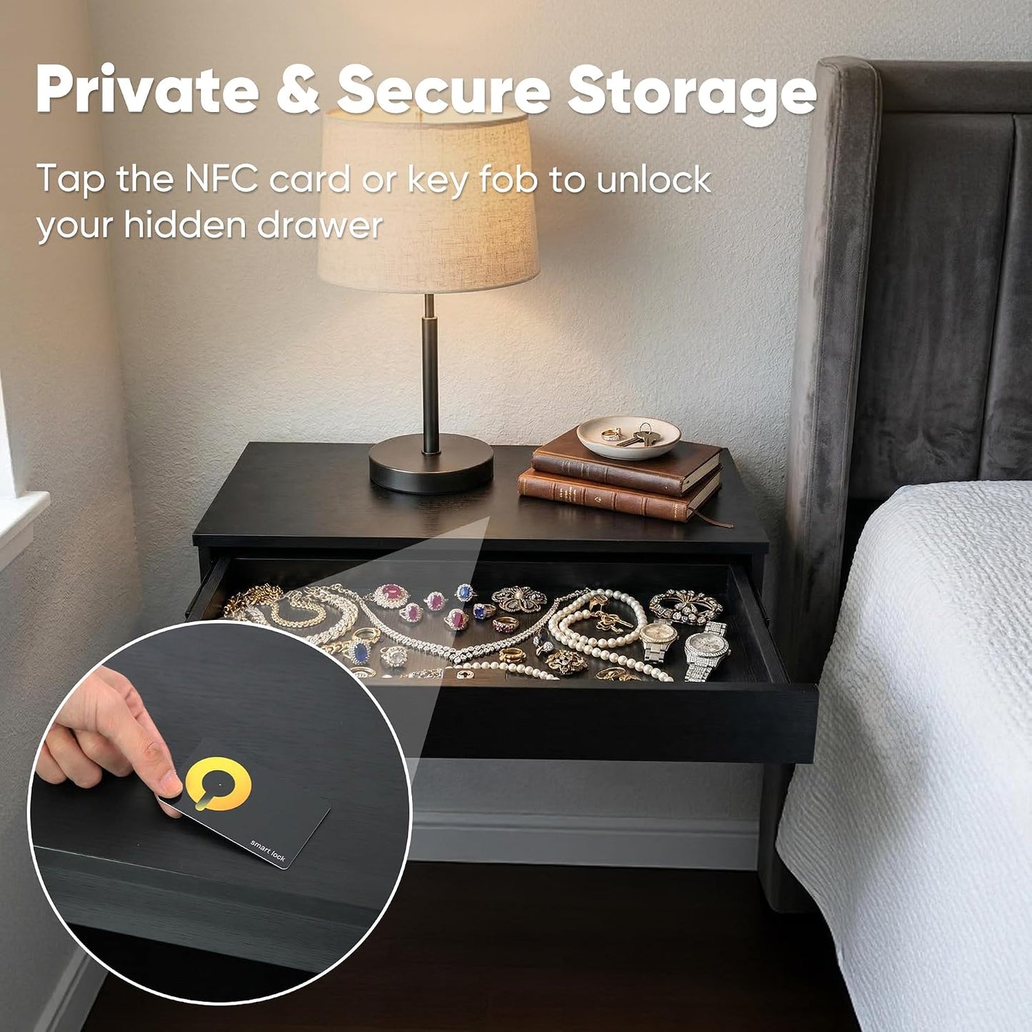 Hidden Storage RFID Lock Concealment Floating Shelf Wooden Secret Drawer Night Stand