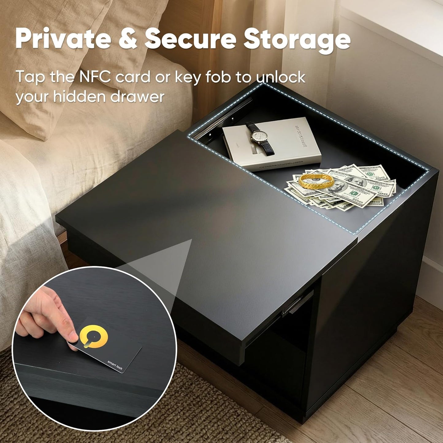 Dormily Hidden Storage Drawer Nightstand Bedside Table, Matte Black