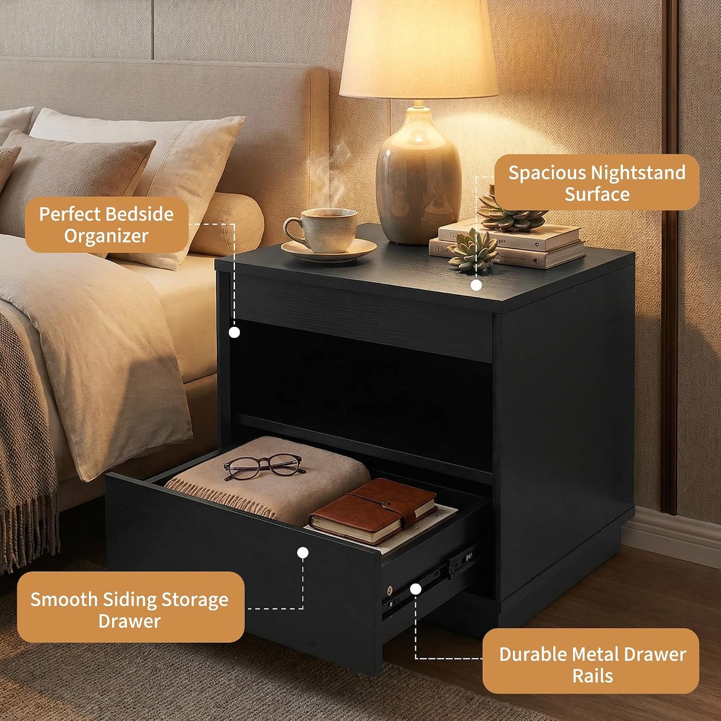 Dormily Hidden Storage Drawer Nightstand Bedside Table, Matte Black