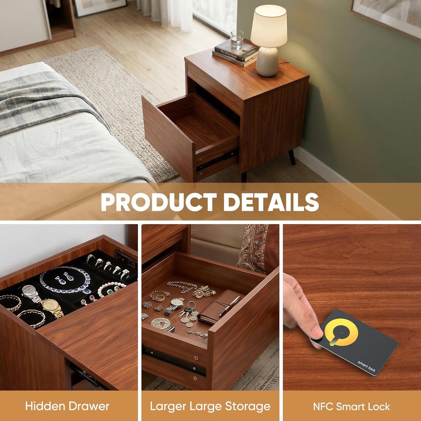 Dormily Hidden Storage Drawer Nightstand Bedside Table, Walnut